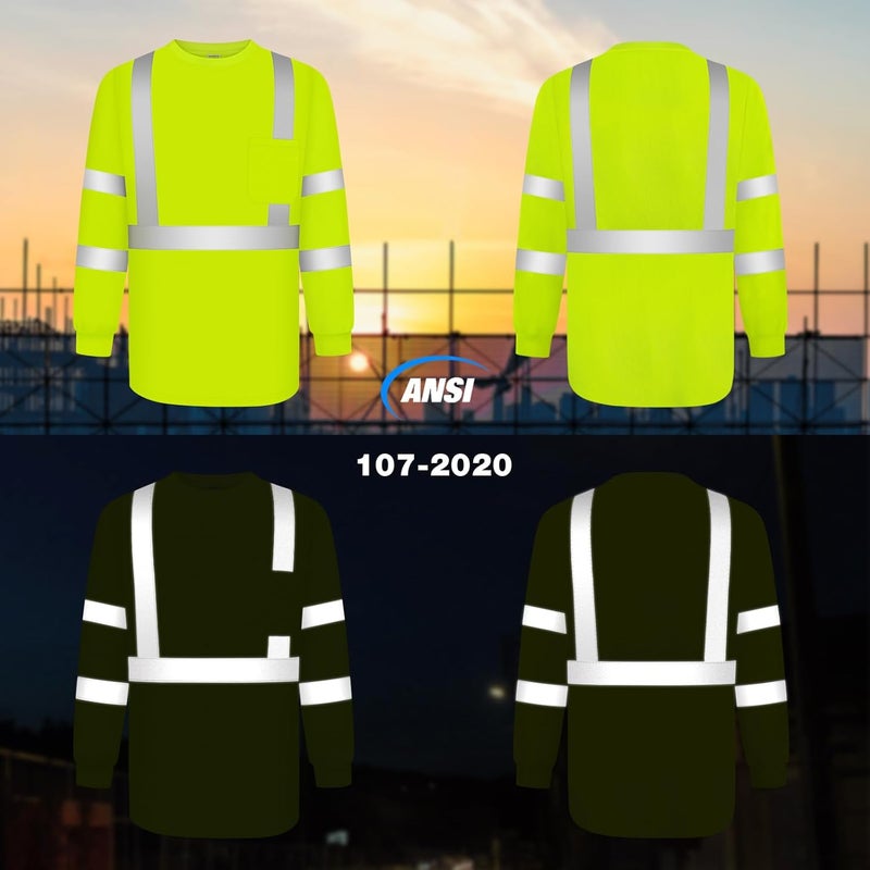 TCCFCCT Construction Shirts for Men Class 3 Long Sleeve Work Shirts for Men Construction, Hi Vis Reflective Safety Shirts for Surveyors, Drivers, LC-Yellow XXL - Image 2